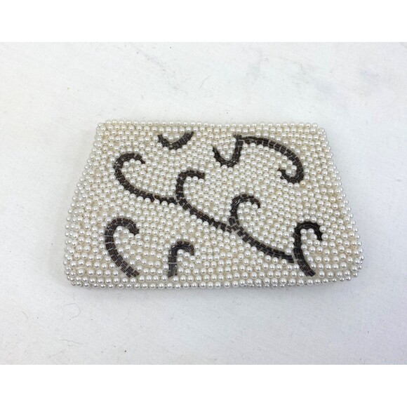 Emson Handbags - Vintage 1960s Emson White Glass Beaded Small Clutch Zip Hand Made Formal Wedding